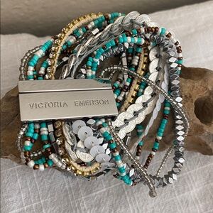 Victoria Emerson 12 Strand Turquoise and Silver Beaded Magnetic Bracelet
